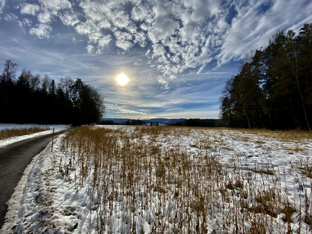 Die Sonne scheint über dem Bayerischen Wald.